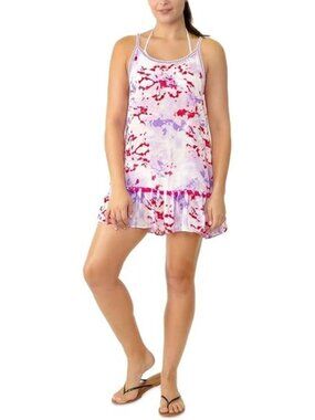 Miken Violet Beetroot Pom-Pom Accents Scoop Neck Ruffled Swimsuit Cover up M